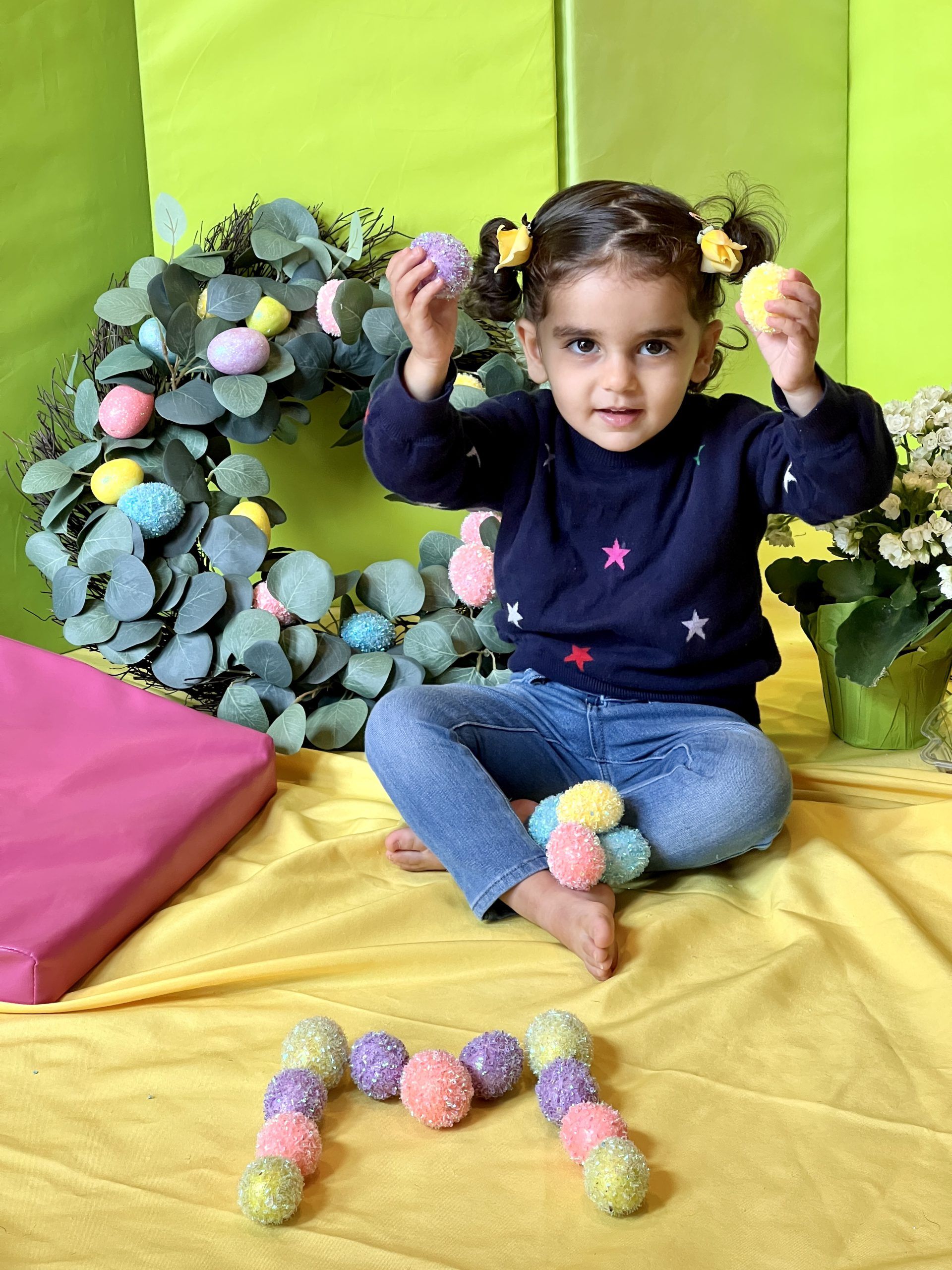 Little girl expresses her emotion on Easter day in the childcare center.