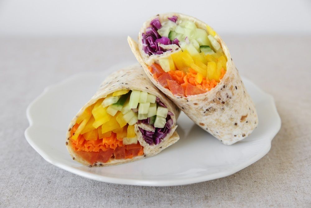 Go green, Rainbow salad tortilla wraps,plant based vegan diet, healthy food