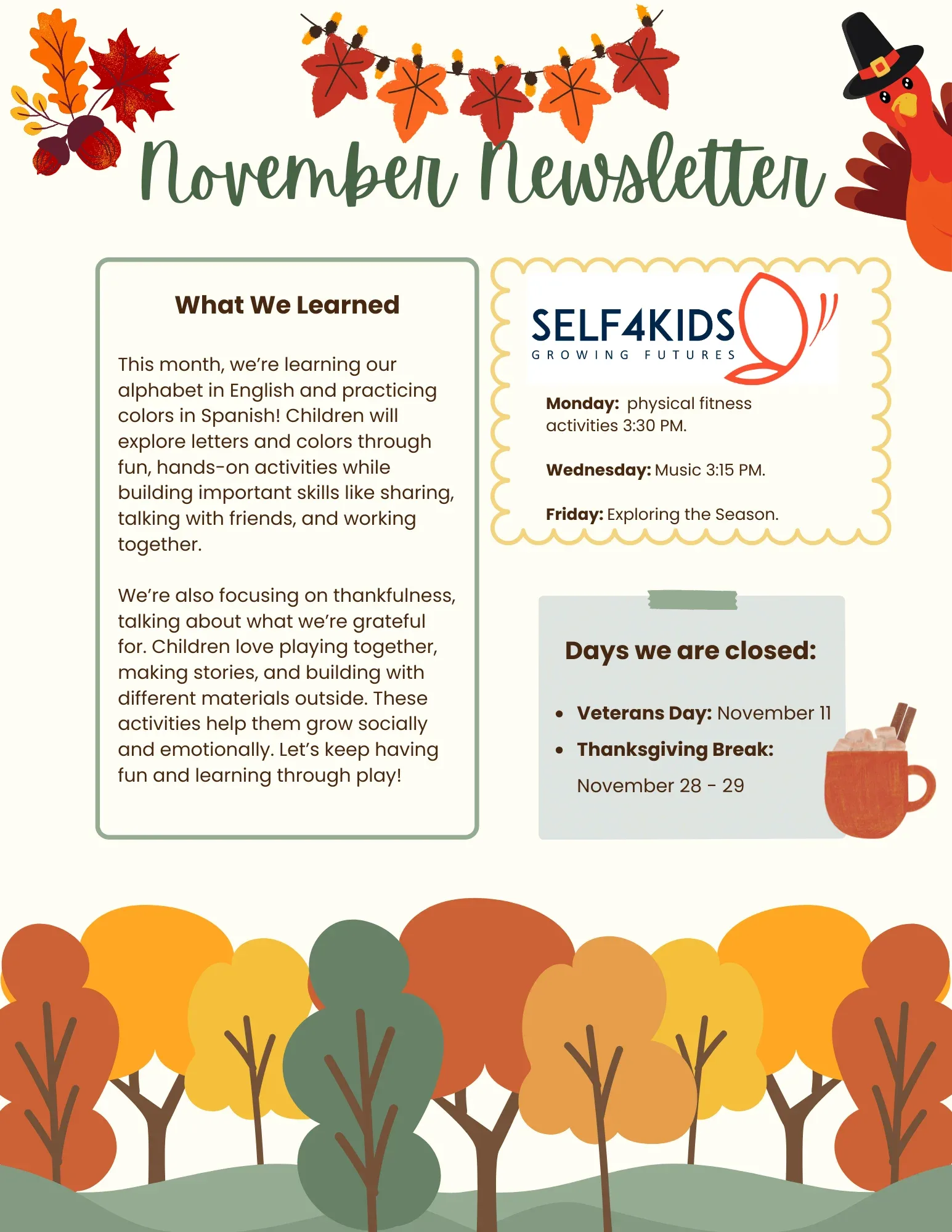 Fall Classroom Education Newsletter in Cream Green and Orange Autumn Nature Style