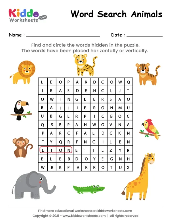 Word Search Animals Worksheet